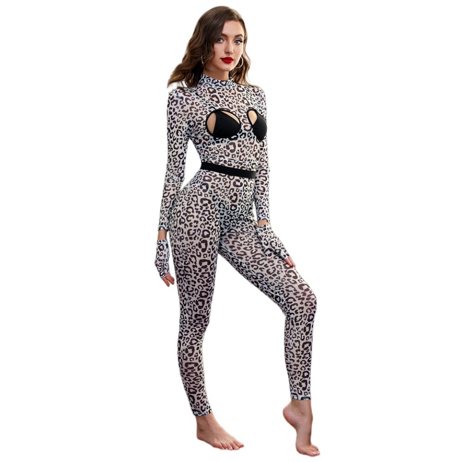 Leopard Print Mesh Jumpsuit Cosplay Costume - Hollow Out Long Sleeve Bodysuit